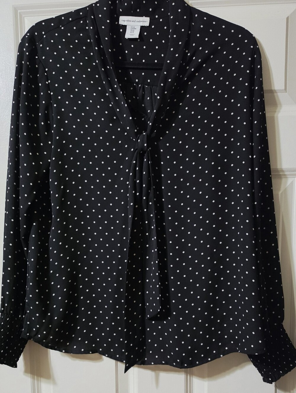 Cupcakes and Cashmere Black White Polka Dot Tie Neck Blouse Size M